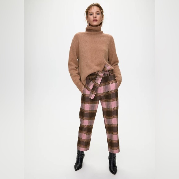 Aritzia Wilfred Soft Pink/Brown Plaid New Tie-Front Wool Cashmere Trouser Pant - Picture 1 of 15